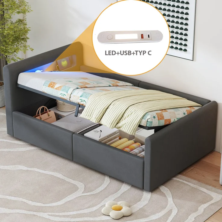 Polsterbett Kinderbett 90*200 cm, Mit LED-Licht, Mit Nachtlicht und USB-Ladeanschluss, Mit Regal, Mit Hydraulischem Stauraum, Einfaches Einzelbett, Jungen- und Mädchenbetten, Samtstoff, Dunkelgrau – Bild 2