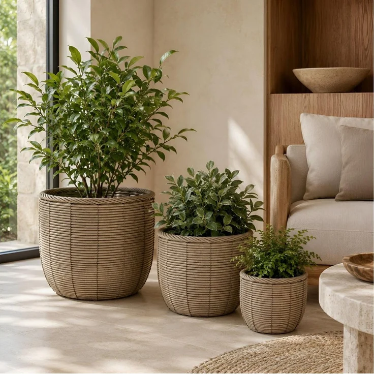 colourliving Blumentopf Gala Pflanzkübel Rattan 3er-Set – Große Indoor Blumentöpfe Naturgrau (3 St), Integrierter Folieneinsatz, dekorative Flechtoptik – Bild 2