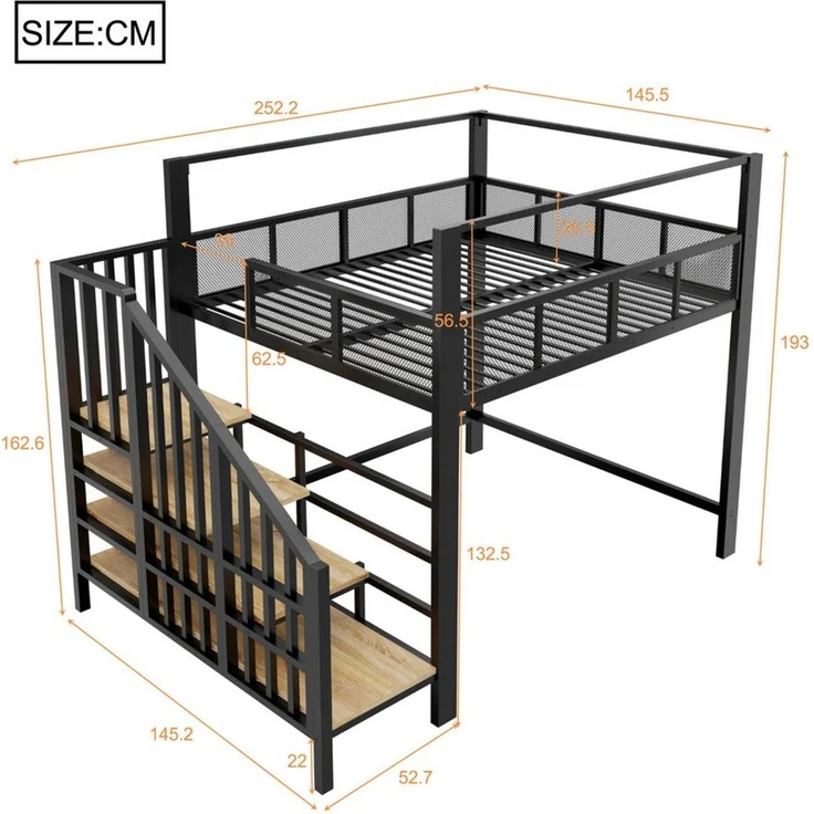 Celya Hochbett Metall Einzel-Hochbett mit Sicherheitsgitter im Netzdesign (ohne Matratze, mit Stauraumstufen fürs Schlafzimmer) – Bild 2