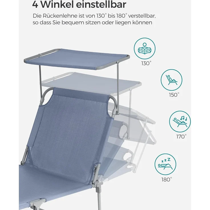 SONGMICS Sonnenliege, klappbarer Liegestuhl, 193 x 53 x 29 cm, max. Belastbarkeit 150 kg, mit Sonnenschutz, Kopfstütze und Verstellbarer Rückenlehne, für Garten, Pool, Terrasse, blau GCB192Q01 – Bild 4
