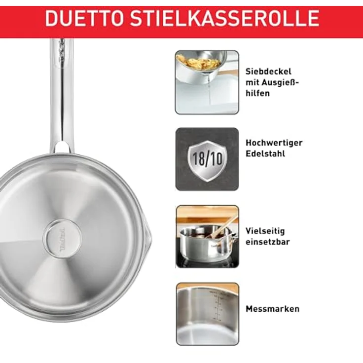 TEFAL DUETTO Stielkasserolle 16cm | A70522 | Edelstahl-Kochgeschirr | mit Siebdeckel und Ausgießhilfe | Messskalen | Induktionsgeeignet | umweltfreundlich – Bild 4