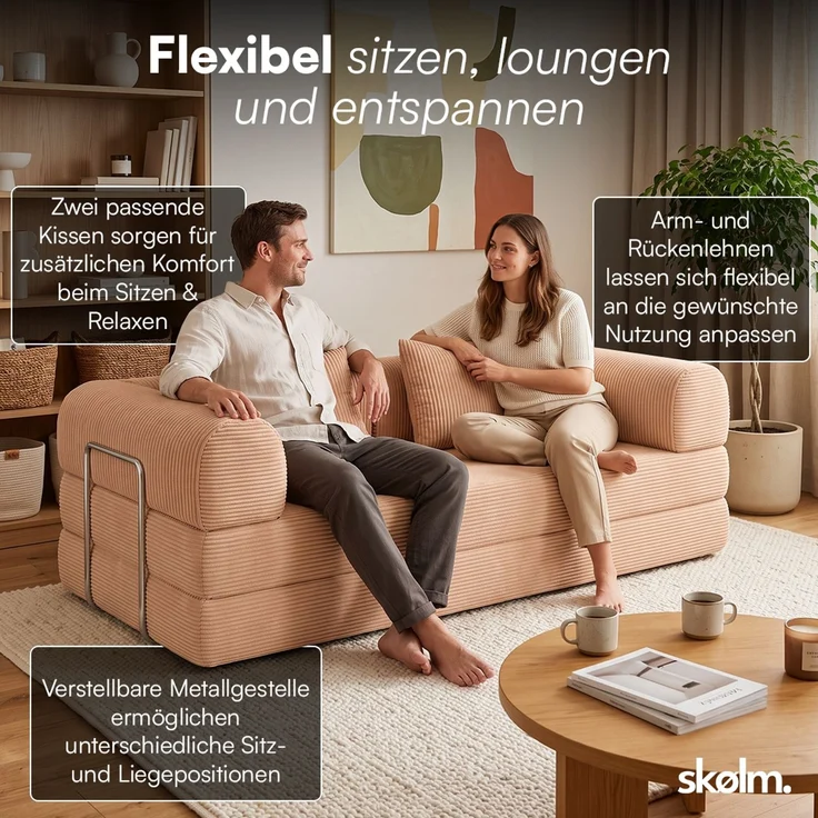 skølm 'Lofn' Modulares Sofa 2 Sitzer, 200x100 cm, Vollschaumcouch mit Metallgestell, Cord lachsrosa, Schlafsofa vakuumverpackt, kein Aufbau erforderlich – Bild 5