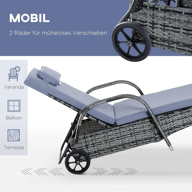 Outsunny Gartenlounge-Set 3er-Set, Polyrattan+Metall, (Liege, 3-tlg, Sonnenliege), Stabile Bauweise, Für Outdoor gemacht – Bild 6