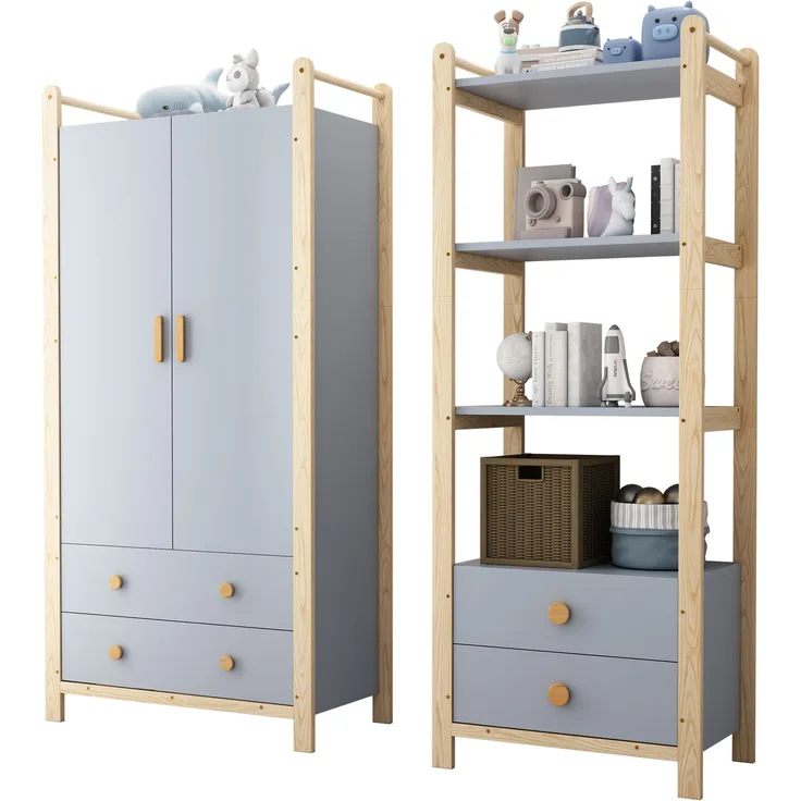 Doppelklappengarderobe, Kombinationsgarderobenset, Garderobe + Regal, Kinderzimmer-Set, Kombinationsmöbel, mit Kleiderstange und Schubladen, Fichtenrahmen, Farbkombination Blau + Naturholz, Höhe 180cm