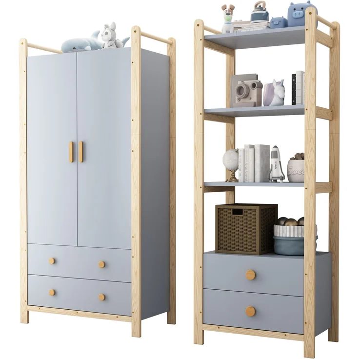 Doppelklappengarderobe, Kombinationsgarderobenset, Garderobe + Regal, Kinderzimmer-Set, Kombinationsmöbel, mit Kleiderstange und Schubladen, Fichtenrahmen, Farbkombination Blau + Naturholz, Höhe 180cm – Bild 1