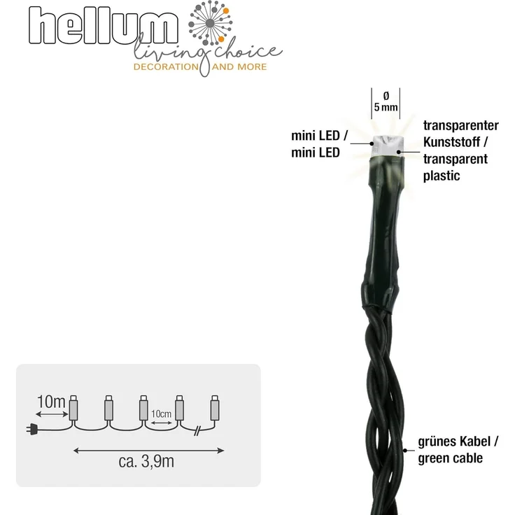 hellum LED Lichterkette Außen oder Innen I Lichterkette Kaltweiß I Lichterkette LED strombetrieben mit 40 LED I Weihnachtsbaumbeleuchtung mit Kabel in Grün – Bild 2