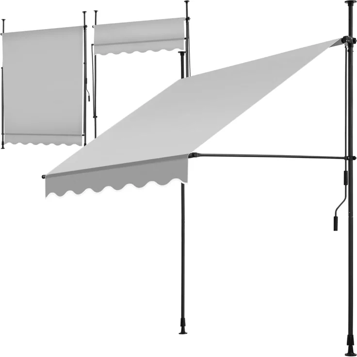 tectake® Klemmmarkise mit Handkurbel, Balkon Markise ohne Bohren, Markise höhenverstellbar, UV-beständig, wasserabweisend, Terrassenüberdachung, Sonnenschutz Terrasse & Balkon, Breite 150 cm -hellgrau – Bild 1