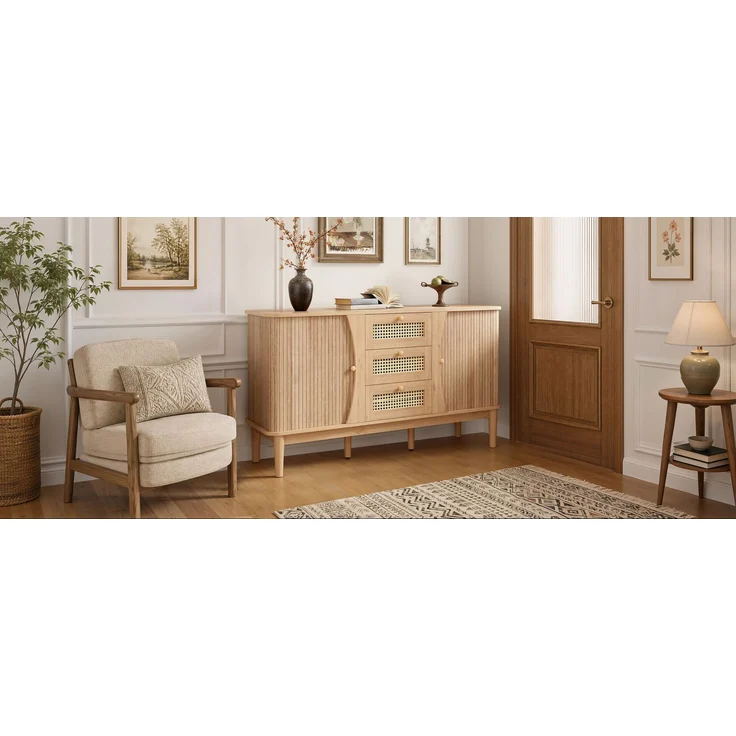 ZUBALIYA Kommode 141x40x77 cm, mit verstellbaren Einlegeböden, aus MDF, Natur – Bild 3