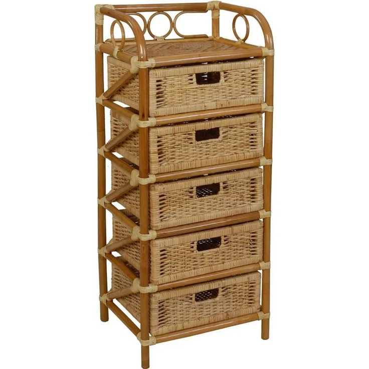 Krines Home Badregal Rattan Standregal Kommode Rattan Korb Regal Badregal Regalkommode, Handgearbeitet, Korbregal mit 5 Schubladen