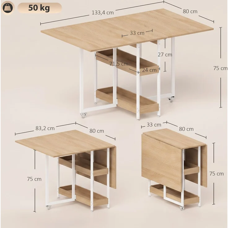 HOMCOM Klappbarer Esstisch, Spanplatte, Metall, Naturholz, 133,4 x 80 x 75 cm – Bild 3