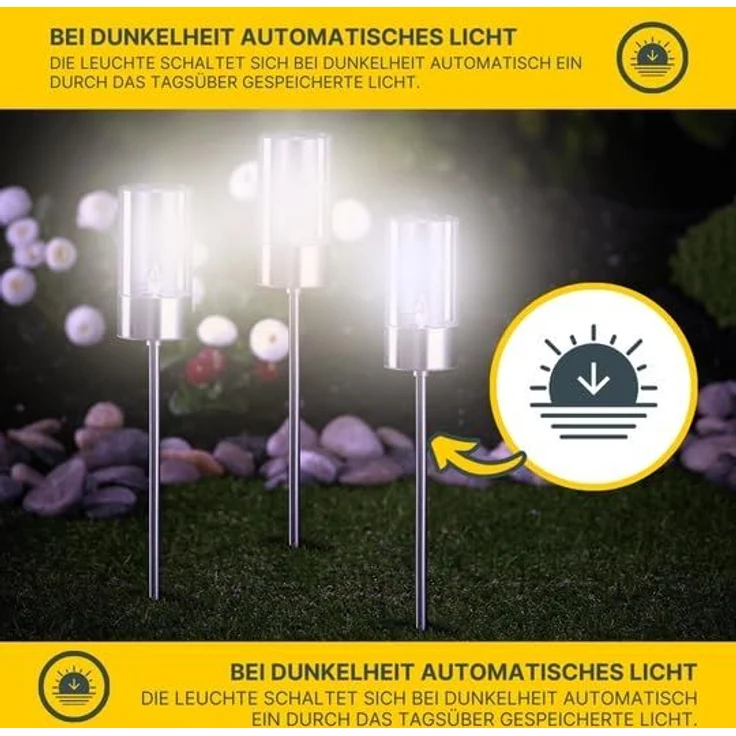 MeLiTec LED Solarleuchte Edelstahl Solarfackel, SO37, LED fest integriert, warmweiß, 3er Set, Zylinderform, aus Edelstahl – Bild 3