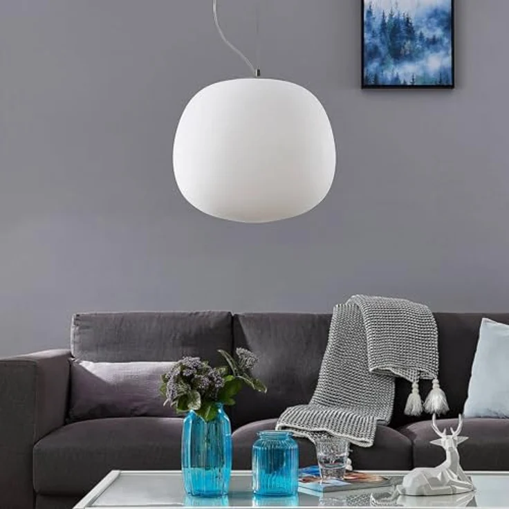 Lindby Pendelleuchte aus Glas, E27 max. 60W, weißer Opalglas-Lampenschirm, modernes Design, Ø 38 cm, höhenverstellbar 150 cm – Bild 4