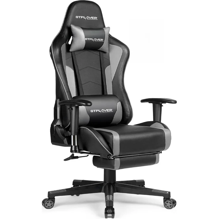 GTPLAYER Gaming Stuhl Gamer Stuhl mit Fußstütze Bluetooth Lautsprecher Ergonomischer Bürostuhl Computerstuhl Schreibtischstuhl PC Stuhl mit verstellbare Rückenlehne 200 kg Belastbarkeit grau – Bild 1
