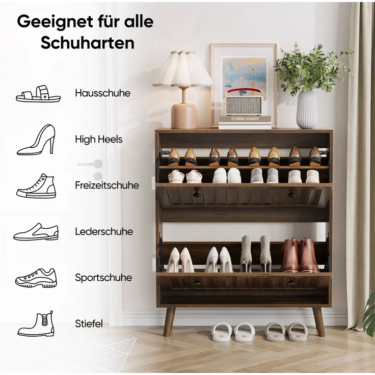 DESVIAE Garderobenschrank Schuhschrank Walnussfarben aus MDF/Spanplatte – 80x95x24 cm – 2 Kippfächer – Bild 4