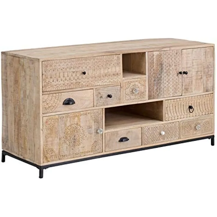 Waschtisch Holz massiv 146 cm Mangoholz rustikal Unterschrank Badmöbel mit Türen & Schublade für Aufsatzwaschbecken Doppelwaschtisch ohne Waschbecken