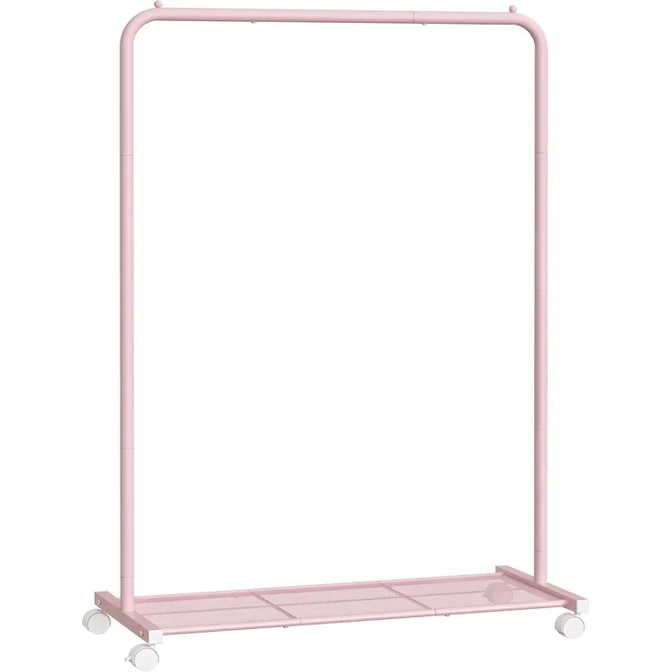 SONGMICS Kleiderständer, Kleiderstange auf Rollen, Garderobenständer Metall, Rollgarderobe 91 cm breit, mit Ablage, 2 Rollen mit Bremse, Garderobenstange bis 40 kg belastbar, pastellrosa HSR025P01