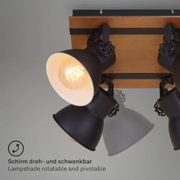 Briloner Leuchten Deckenlampe retro mit Holzbalken, 4-flammige Deckenleuchte vintage, E27 Fassung max. 40 Watt, verstellbare Lampenschirme, rustikaler Deckenspot, Schwarz-Weiß-Holz, 1 Stück (1er Pack) – Bild 4