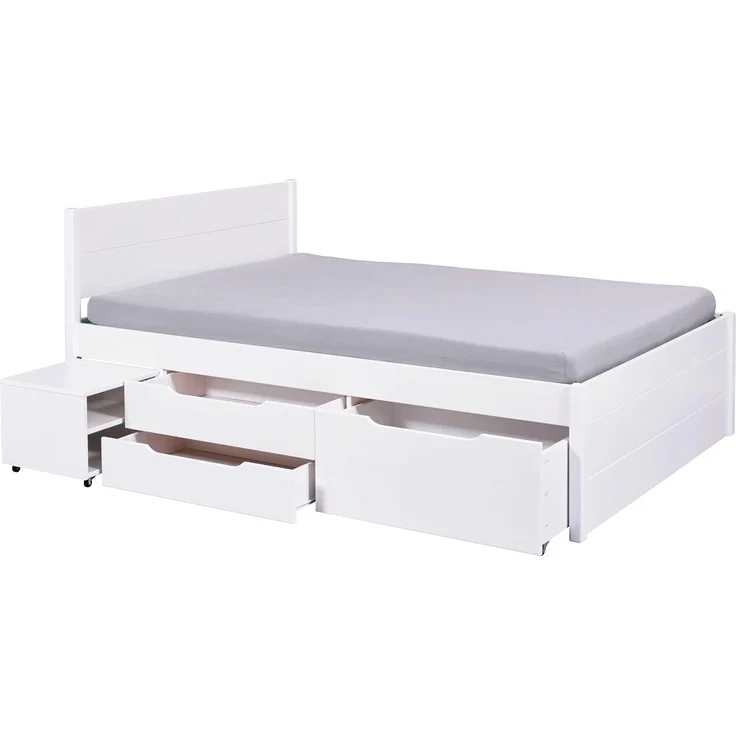 Inter Link - Bett mit Schubladen - Doppelbett 140x200 cm – Kojenbett mit Stauraum – Kiefer massivholz – 2 Schubladen und 1 Schubkasten – Inkl Lattenrost – Weiß lackiert – Efetivo 140x200 cm – Bild 3