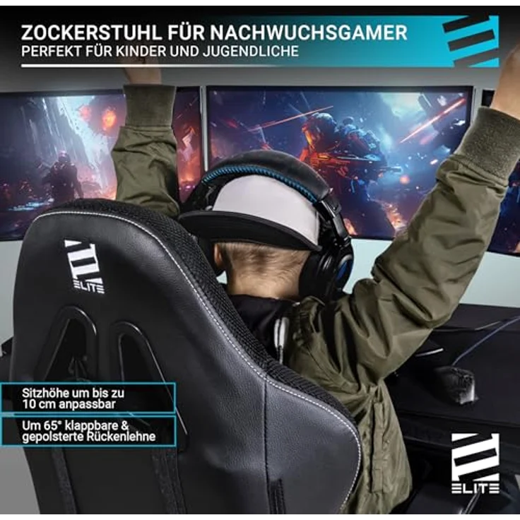 ELITE Pulse - Gaming Stuhl für Kinder - Kunstleder - Ergonomisch - Racer - Drehstuhl - Chair - Bürostuhl - Schreibtischstuhl - Gamer-Design (Schwarz/Blau) – Bild 7