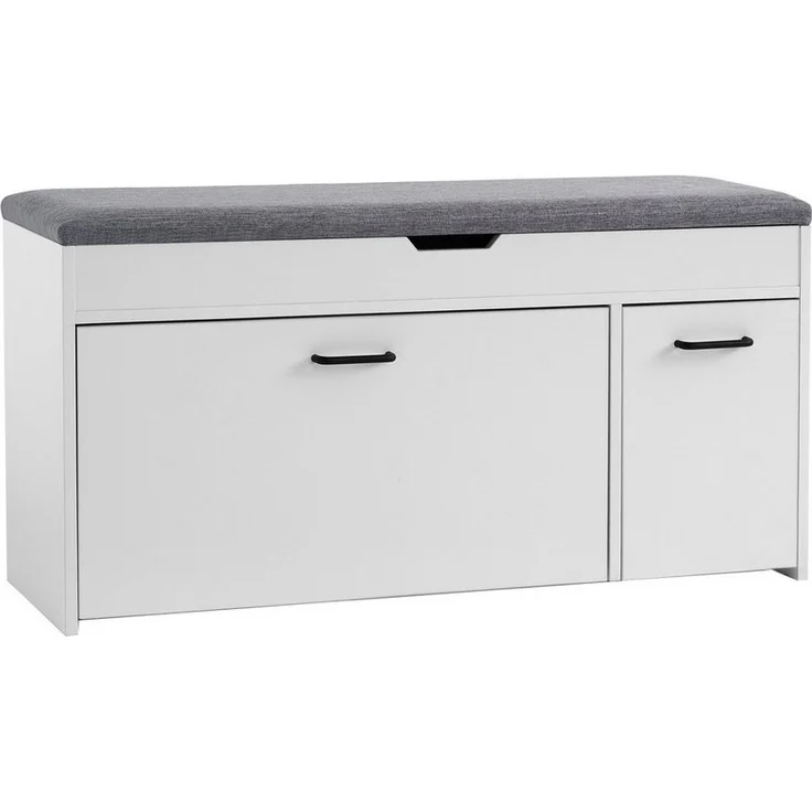 Mondeer Schuhbank Schuhhocker, mit Sitzfläche, mit Klappschublade, 100 x 30 x 52 cm, Weiß + Grau – Bild 1