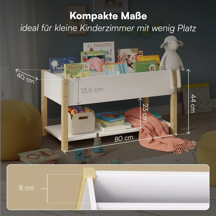 Bellabino 'Teme' Kinderbücherregal, weiß, 80x40x44 cm, Holz, Montessori Kinderregal mit 4 Fächern und Ablagefläche – Bild 6