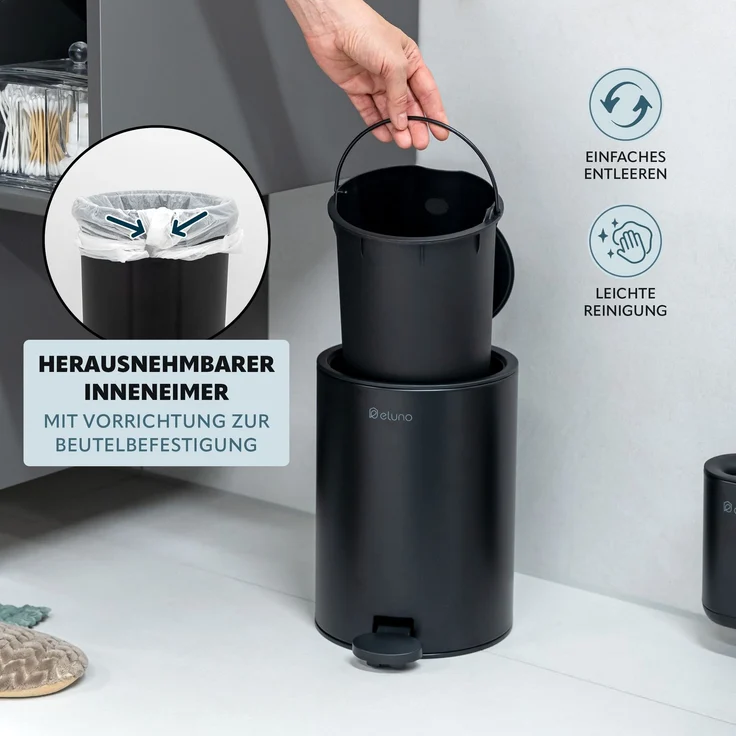 eluno Kosmetikeimer ZINOLA, 3 Liter Fassungsvermögen, aus Kunststoff und Metall, schwarz – Bild 4