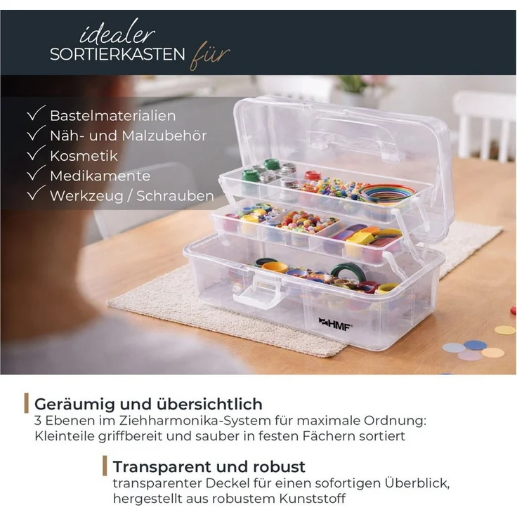 HMF Aufbewahrungsbox Nähkasten aufklappbar mit 3 Ebenen, Sortierbox mit 8 Fächern für, Kleinteile, 36,5 x 20,5 x 16 cm, Transparent – Bild 1
