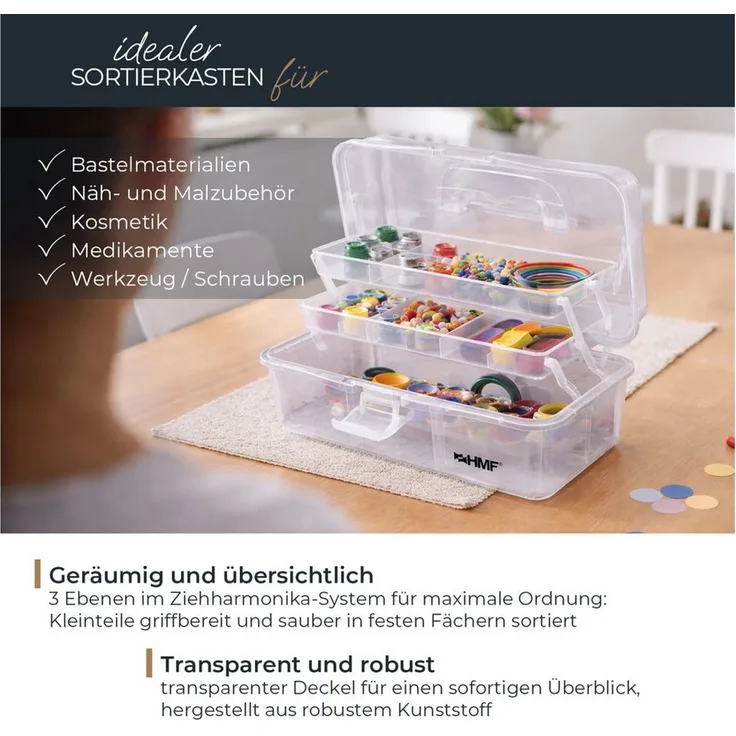 HMF Aufbewahrungsbox Nähkasten aufklappbar mit 3 Ebenen, Sortierbox mit 8 Fächern für, Kleinteile, 36,5 x 20,5 x 16 cm, Transparent
