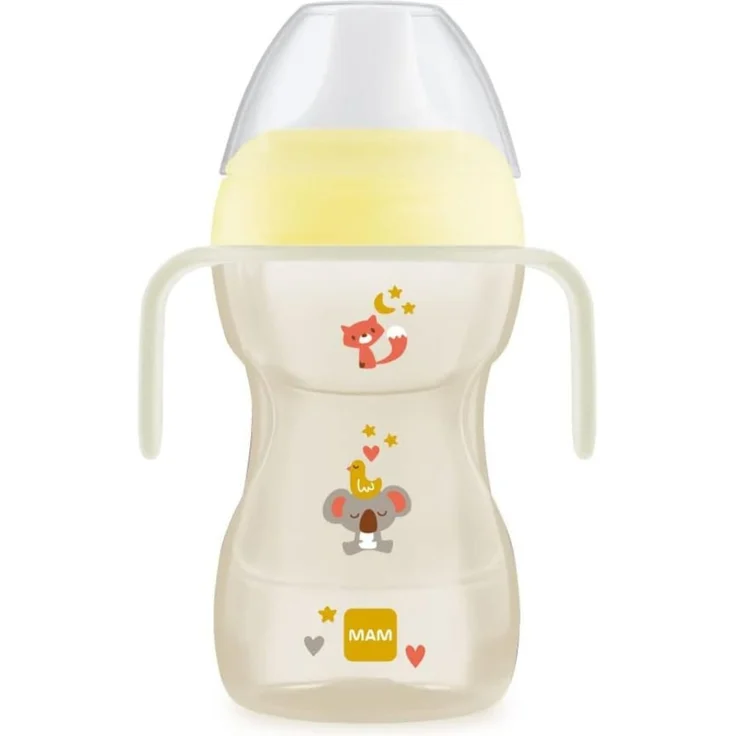 MAM Fun to Drink Cup Night Babybecher 270 ml, Wasserflasche für Babys ab 8 Monaten mit im Dunkeln leuchtenden Griffen, Babyflasche mit auslaufsicherem Ausguss und Ventil für freien Durchfluss, neutral