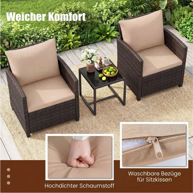 COSTWAY Balkonset, (3-tlg), Rattan Gartenmöbel mit 2 Stühle & Tisch, 2 Personen – Bild 4