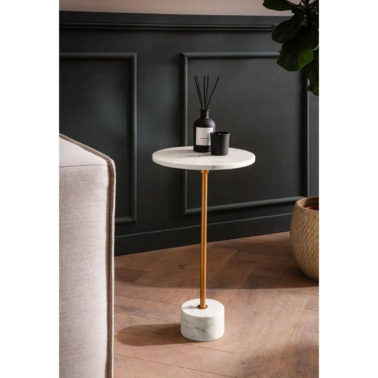 FINEBUY Beistelltisch FB107536 Anstelltisch Echter Marmor Ø 30 cm Wohnzimmertisch Rund (Echter Marmor Metall 30x30x55,5 Anstelltisch, rund), Abstelltisch Weiß Gold Marmortisch Wohnzimmertisch – Bild 2