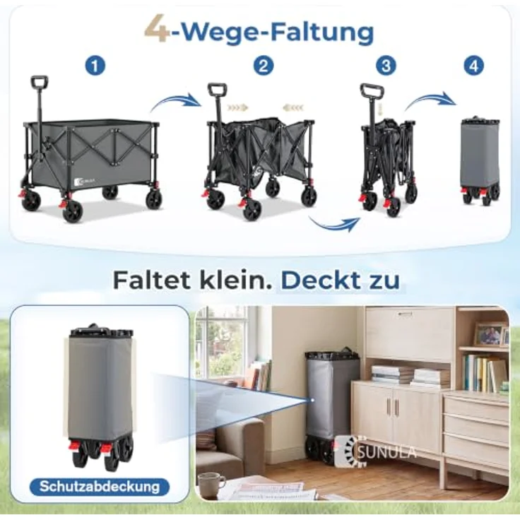 SUNULA Bollerwagen Faltbar Transportwagen, grau, 120 L / 80 KG Klappbar, 4-seitig zusammenfaltbar für Sport, Garten, Einkaufen, Camping – Bild 4