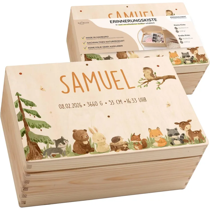 KIDSMOOD - Erinnerungsbox Baby, personalisierte Holzkiste mit Deckel, Ideal zur Aufbewahrung von Erinnerungen und als Geschenk zur Geburt, Taufe oder als Geburtstagsgeschenk für Mädchen und Jungen
