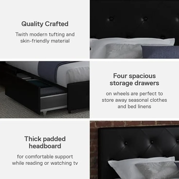 DHP Furniture Dakota Bett mit Stauraum, schwarzes PU, King Size – Bild 5
