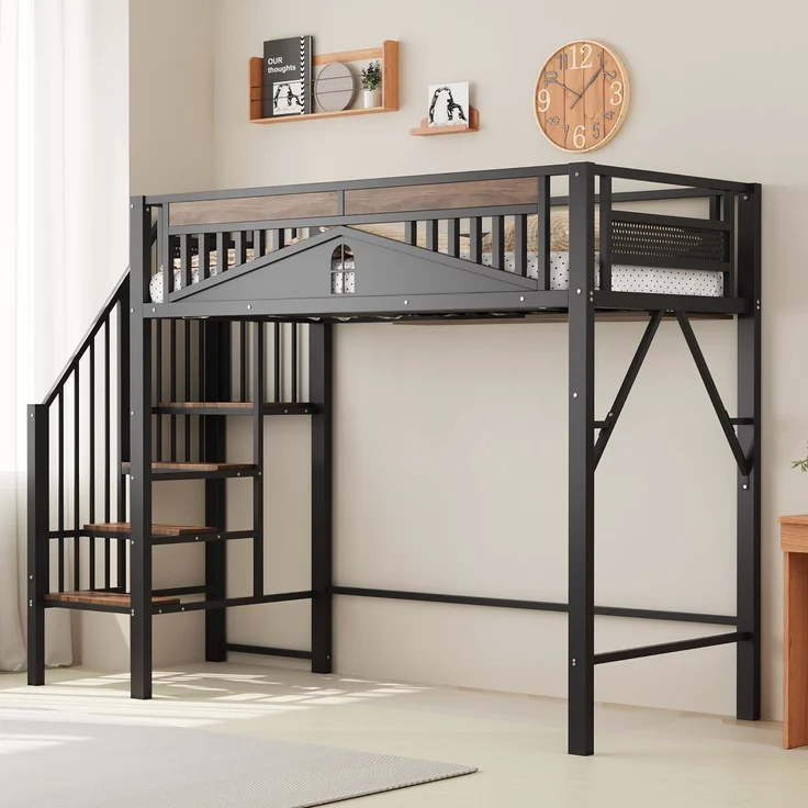 Metall-Hochbett 90x200 cm, Einzigartige Sicherheitsumrandung mit Fenster, Mit Sicherheitsleiter, Genügend Platz unter dem Bett für freien Stoffbezug, Schwarz – Bild 4