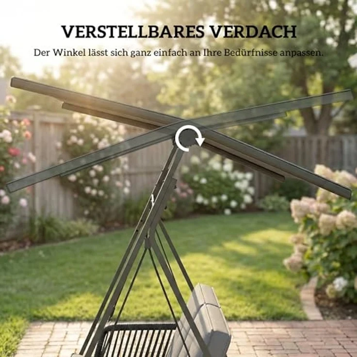 Outsunny Hollywoodschaukel mit Verstellbarem Sonnendach, weichem Kissen, A-Rahmen, 2-Sitzer, verstellbares Dach, Schaukelbank, geeignet für 2 Personen, Gartenschaukel, 3 tlg, 2-Sitzer Schaukelbank, für Garten Terrasse 150 x 128 x 168 cm Dunkelgrau – Bild 4