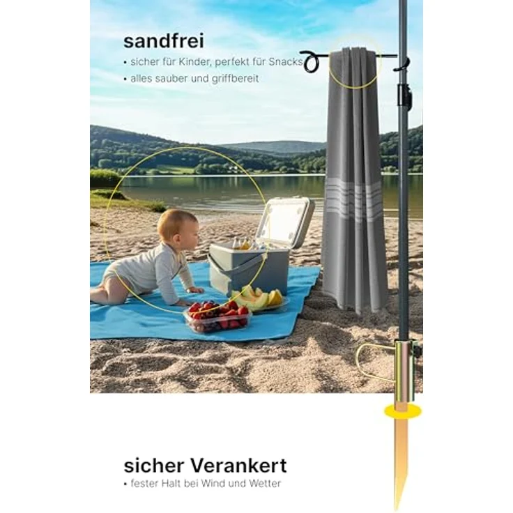 4smile Sonnenschirm Strand 6er-Set Blau – UV50+-Schutz, Ø 180 cm, mit großer Stranddecke (2 x 2 m), 2 x 1,5 m Strandmuschel, Sonnensegel Strand, Rasendorn für Sonnenschirm & robuster Schirmhülle – Bild 5