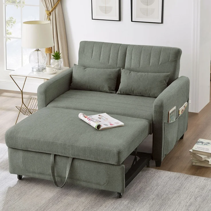 ZUBALIYA Sofa 166x95 cm, mit Ausziehbett, mit breiten Armlehnen, mit Schaumstoffpolsterung, ohne aufwendige Montage, Natur – Bild 1