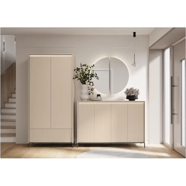 MEBLINI Garderobe Flur Möbel Set mit LED – TREND – Beige/Schwarz – Garderobenschrank Flur mit Kommode - Garderobe Schrank - Flurgarderobe - Flurschrank hoch