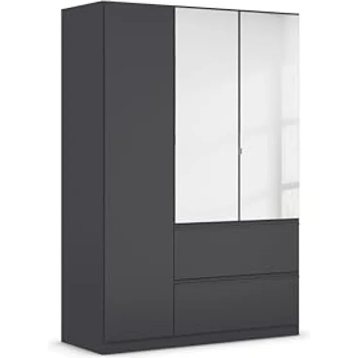 Rauch Möbel Costa, Kleiderschrank für Schlafzimmer, Kinderzimmer, Babyzimmer, Garderobe, 3-türig, Spiegel, 2 Schubladen, Push-to-Open, Zubehör Classic, Farbe Grau metallic, Schwarz, Breite 136 cm