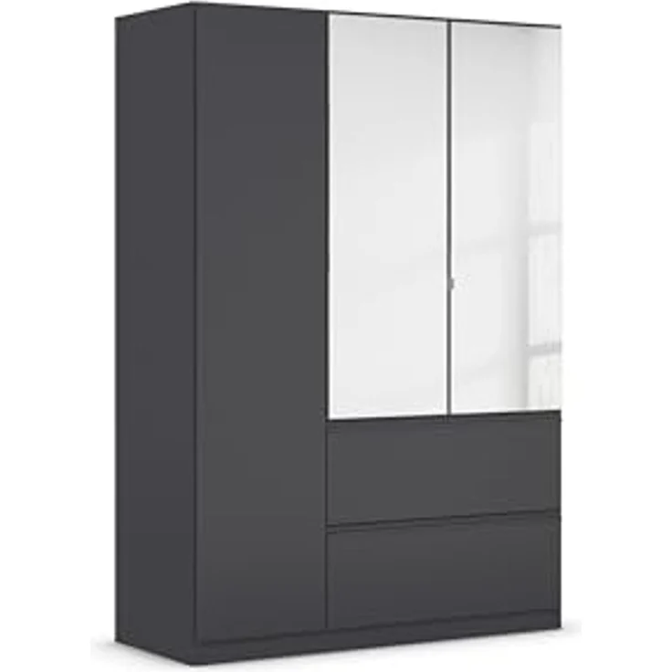 Rauch Möbel Costa, Kleiderschrank für Schlafzimmer, Kinderzimmer, Babyzimmer, Garderobe, 3-türig, Spiegel, 2 Schubladen, Push-to-Open, Zubehör Classic, Farbe Grau metallic, Schwarz, Breite 136 cm – Bild 1