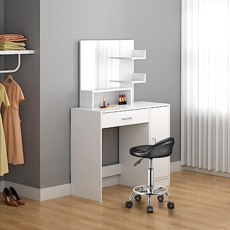 BAKAJI Hocker mit Rollen, gepolsterte Sitzfläche und niedrige Rückenlehne aus Kunstleder, Basis mit Fußstütze aus Stahl, um 360 ° drehbar, höhenverstellbar, ideal für Kosmetikerinnen (schwarz) – Bild 2