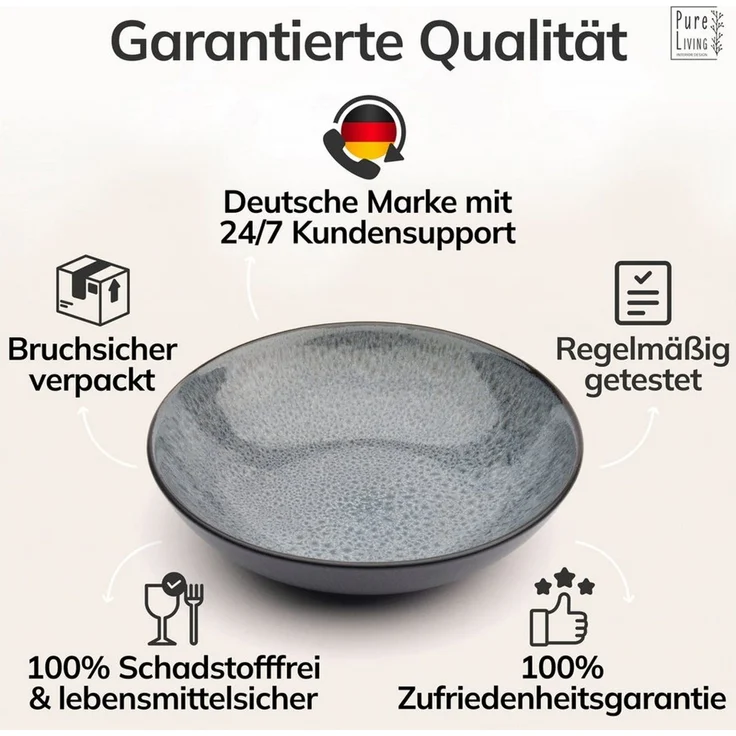 Steingut Suppenteller 6 Pers. Ibiza Hochwertiges Mediterranes TEST SEHR GUT Steingut Tiefe Teller Set - Kratzfest, Für Spülmaschine, Mikrowelle - Pasta Teller Tief Groß - Pure Living Geschirr in Grau – Bild 4