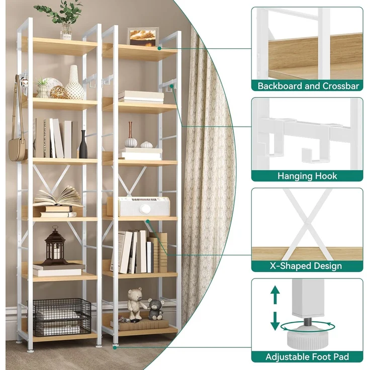 YITAHOME Bücherregal mit 6 Ebenen, Industrielles Standregal, Metallrahmen und Holzregale, Hohes Lagerregal mit 4 Haken, Präsentationsorganizer, für Wohnzimmer, Heimbüro, Weiß und Eiche Regal – Bild 4