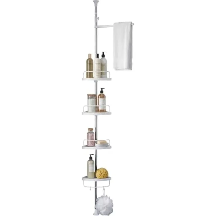 Songmics höhenverstellbares Duschregal, 95-300 cm, 4 Ablagen, 3 Haken, Weiß / Silber