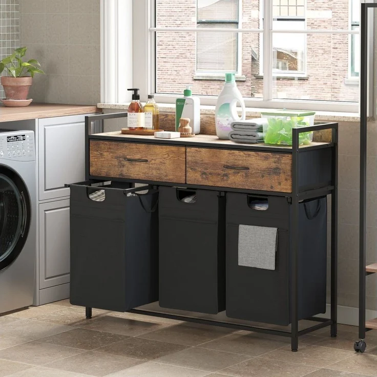 Mondeer Wäschekorb Metallgestell Wäschesammler (3 St, 3 x 50 L), mit 3 abgetrennten Säcken & 2 Schubladen, mit Rollen & Netztaschen – Bild 1