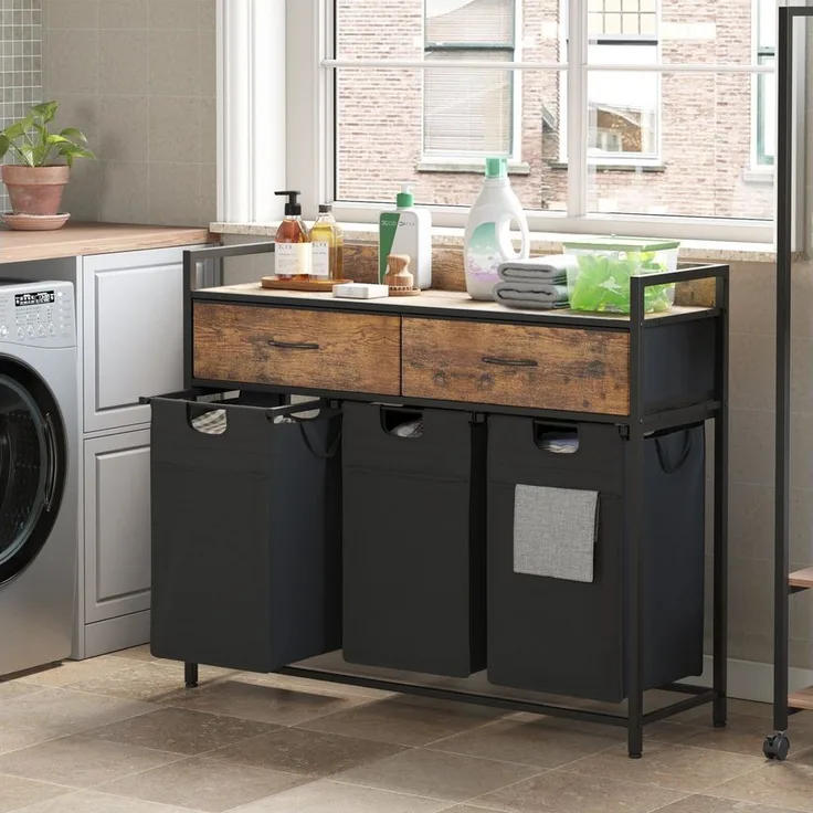 Mondeer Wäschekorb Metallgestell Wäschesammler (3 St, 3 x 50 L), mit 3 abgetrennten Säcken & 2 Schubladen, mit Rollen & Netztaschen