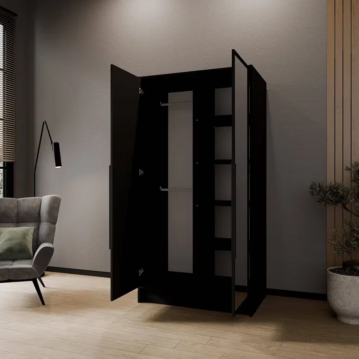 MEBLINI Kleiderschrank LUSINDA 100cm - Schwarz Matt - mit schwarzen Griffen - Drehtürenschrank mit einem Spiegel - Kleiderstangen und Regalböden – Bild 2