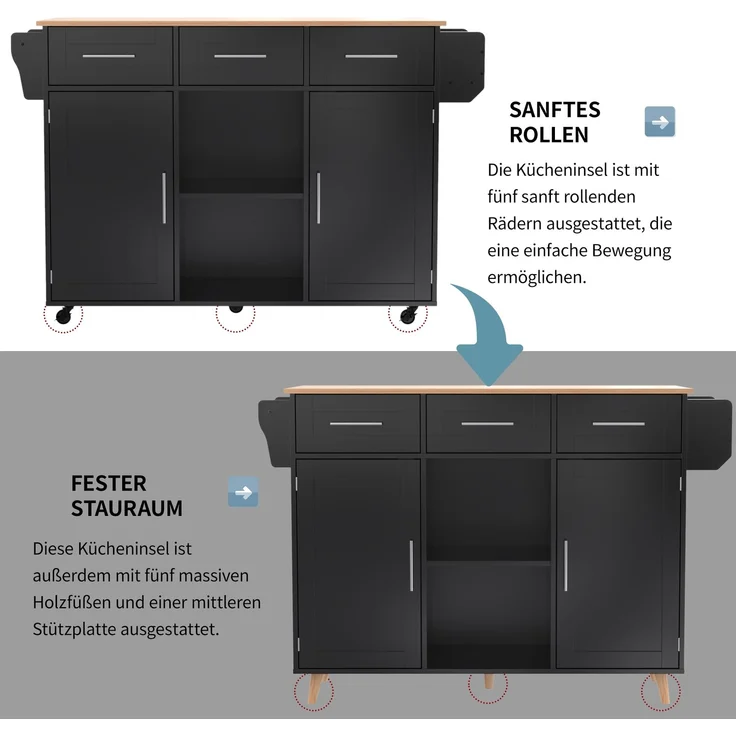 Küchenwagen B 139 x T 46(71) x H 91,5 cm aus MDF, schwarz/natur, mit klappbarer Arbeitsplatte – Bild 7