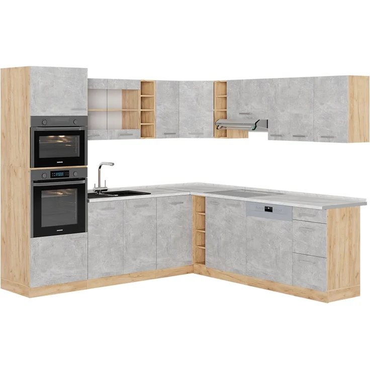 Eckküche R-Line Beton/Goldkraft Eiche 247 x 60 cm , AP Marmor Vicco – Bild 1